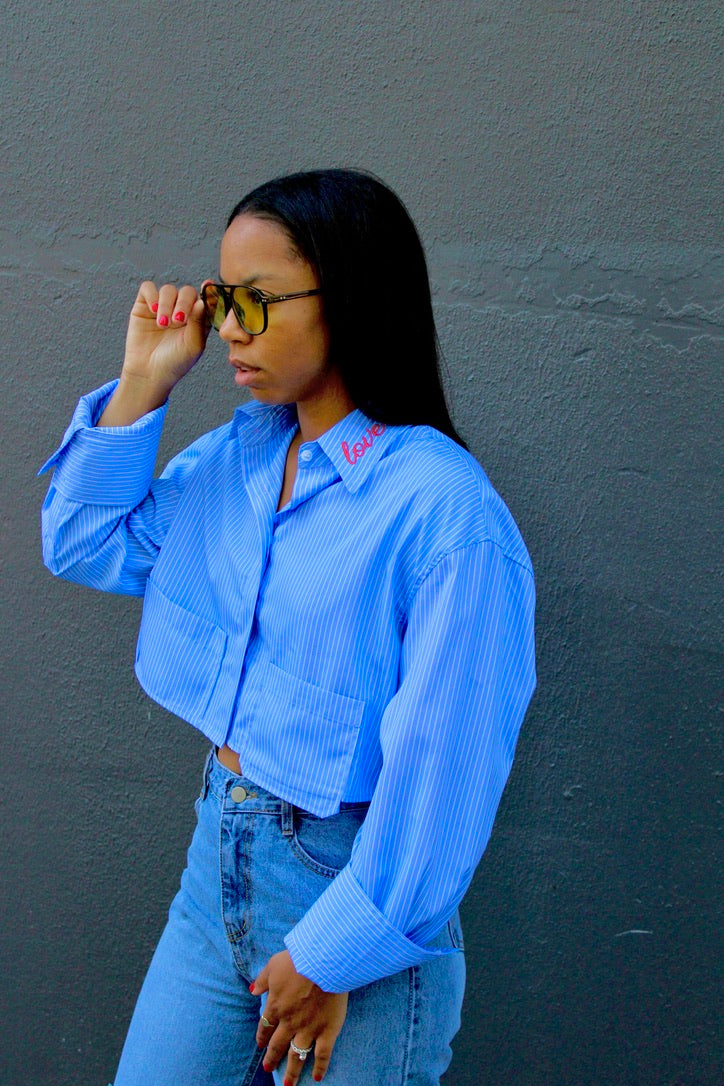 LOVER- Cropped Button Down Shirt- Blue