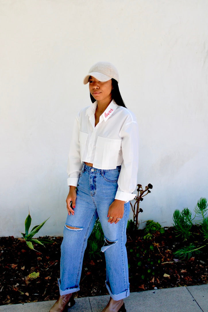 LOVER- Cropped Button Down Shirt-White